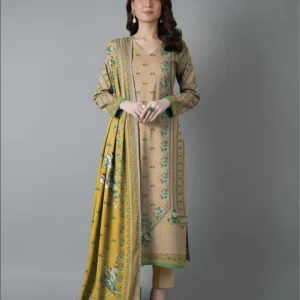 Brown Printed Dobby Lawn 3Pcs Women Suit