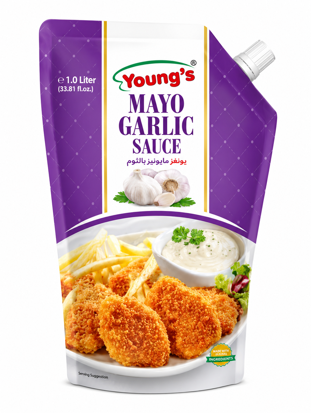 Bring rich garlic flavor to every meal with Young's Mayo Garlic Sauce. This premium-quality garlic mayonnaise combines smooth, creamy texture with the bold taste of garlic, making it the perfect companion for your favorite fast foods and homemade recipes. Whether you're preparing juicy burgers, shawarma, sandwiches, wraps, crispy fries, fried chicken, pizza, or grilled BBQ, this garlic mayo adds a deliciously creamy finish that everyone will love. Packed in a convenient 1 Litre stand-up pouch, it's easy to use, store, and pour. Ideal for home kitchens, restaurants, cafés, catering services, and food businesses. Product Details Brand: Young's Product Name: Mayo Garlic Sauce Flavor: Garlic Mayonnaise Net Volume: 1 Litre Texture: Rich, Smooth & Creamy Packaging: Stand-Up Pouch with Resealable Cap Category: Mayonnaise & Sauces Storage: Refrigerate after opening Country of Origin: Pakistan Perfect For Burgers Sandwiches Shawarma Wraps Fries Fried Chicken Pizza BBQ Nuggets Garlic Bread Dips & Snacks